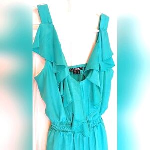 EUC Sequin Hearts Aqua Blue Ruffle Bodice Fit & Flare Dress Small
